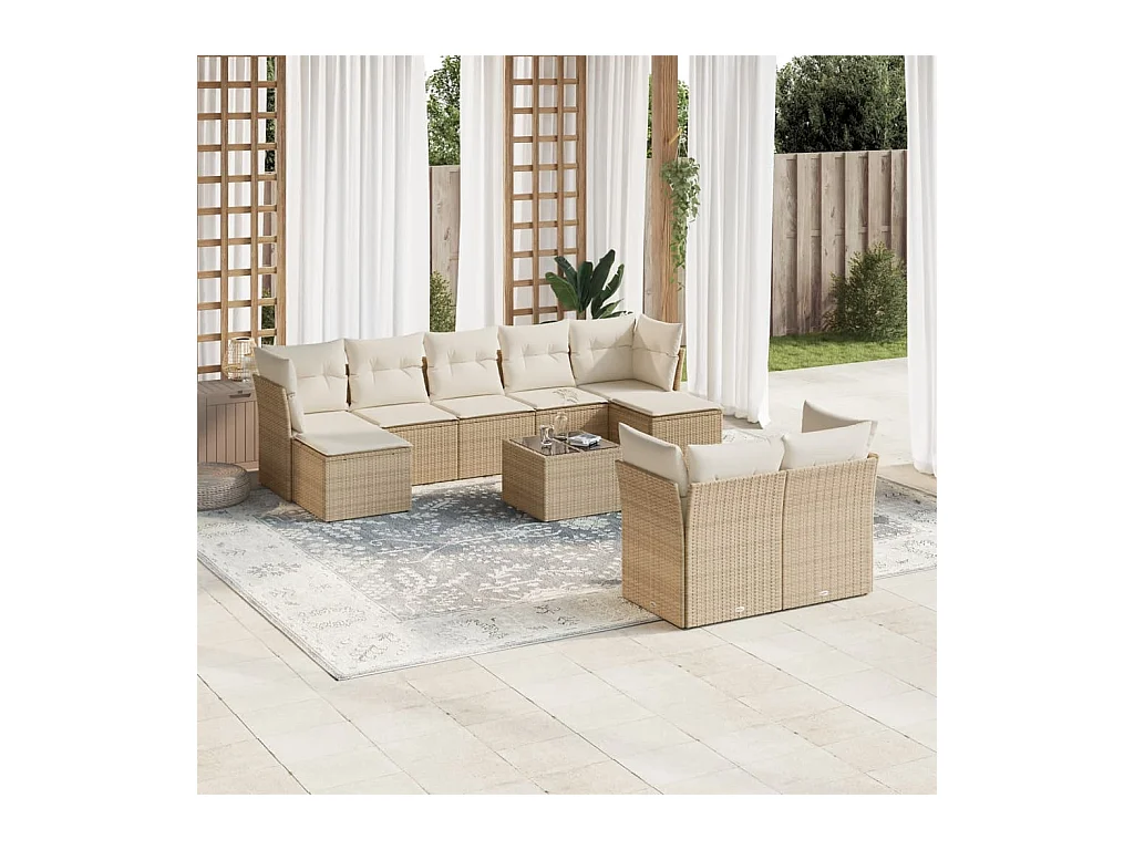 Salon de jardin avec coussins 10 pcs beige résine tressée