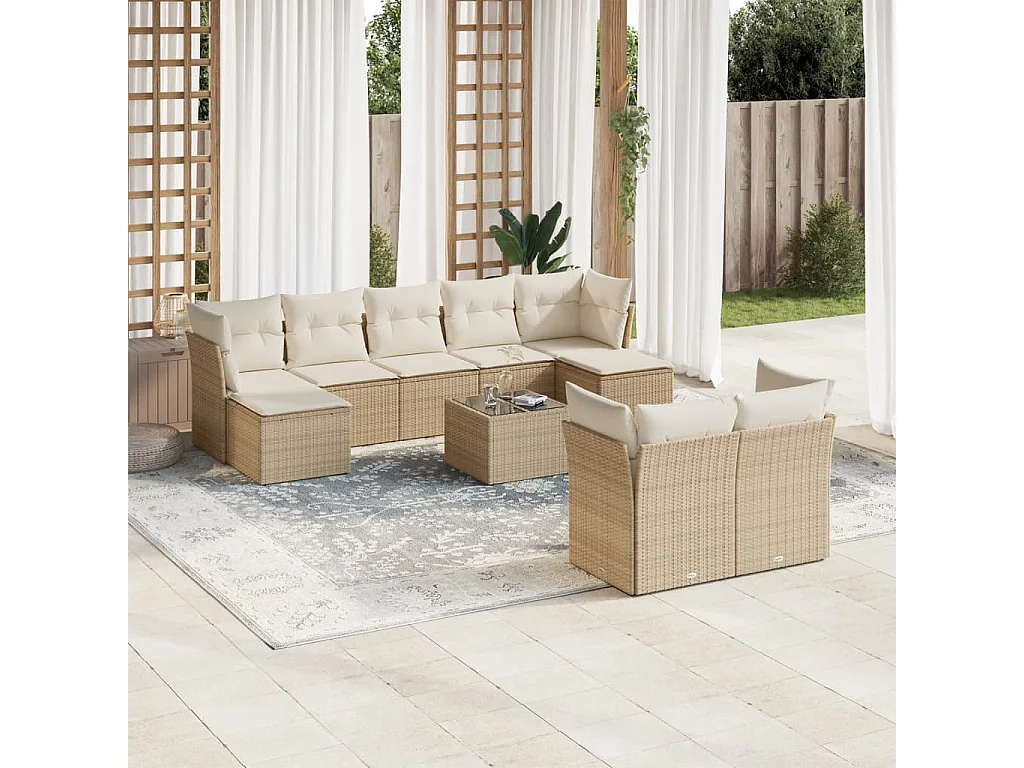 Salon de jardin avec coussins 10 pcs beige résine tressée