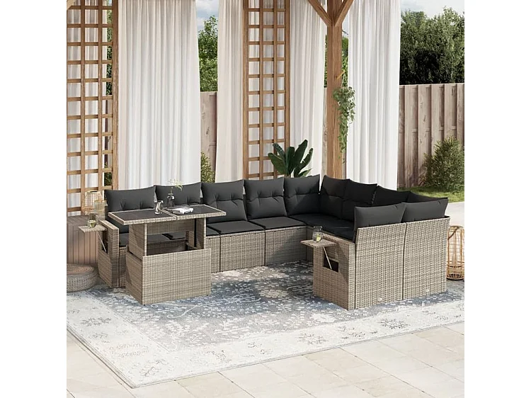Salon de jardin avec coussins 10 pcs gris clair résine tressée