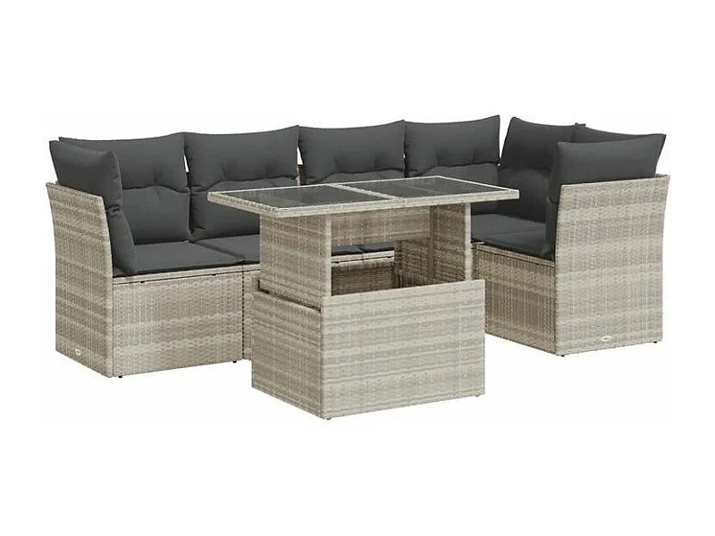 Salon de jardin 6 pcs avec coussins gris clair résine tressée