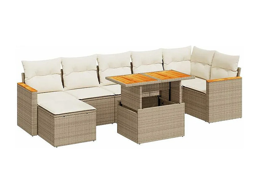 Salon de jardin avec coussins 8 pcs beige résine tressée acacia