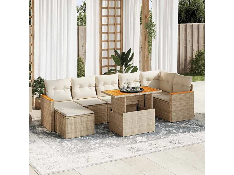 Salon de jardin avec coussins 8 pcs beige résine tressée acacia