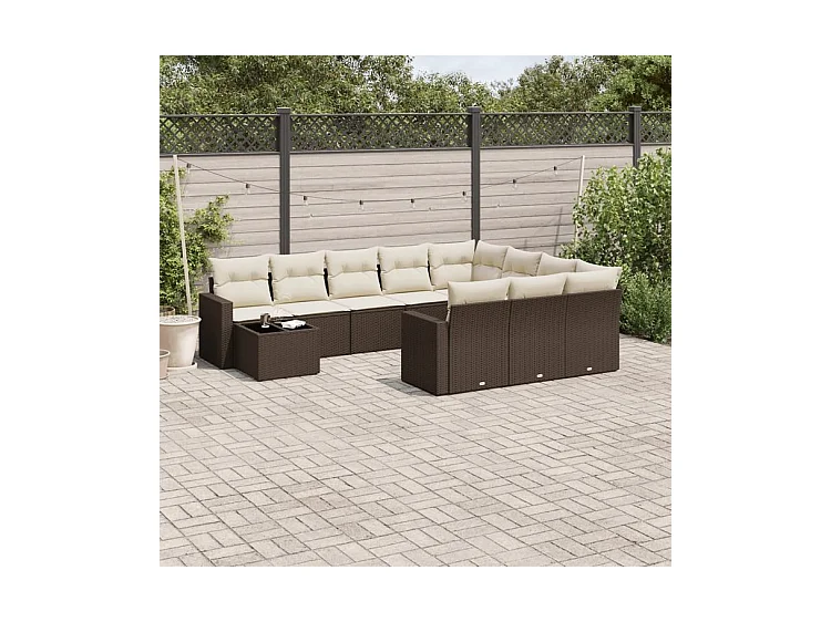 Salon de jardin et coussins 11 pcs marron résine tressée