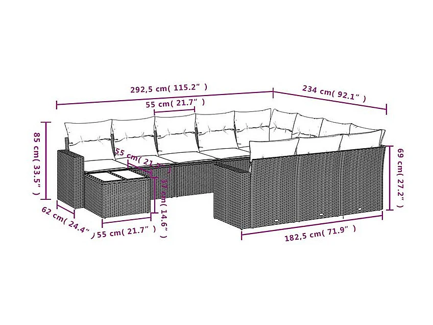 Salon de jardin et coussins 11 pcs marron résine tressée