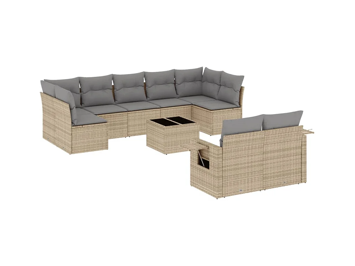 Salon de jardin avec coussins 10 pcs beige résine tressée