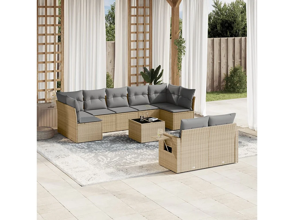 Salon de jardin avec coussins 10 pcs beige résine tressée