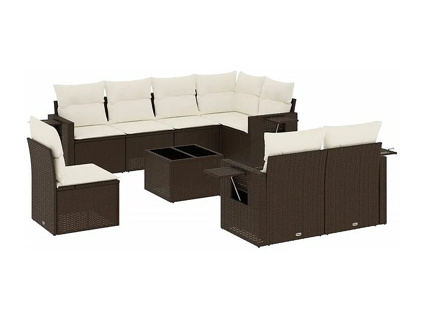 Salon de jardin avec coussins 9 pcs marron résine tressée