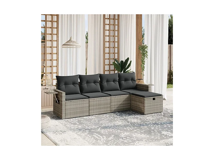 Salon de jardin 5 pcs avec coussins gris clair résine tressée