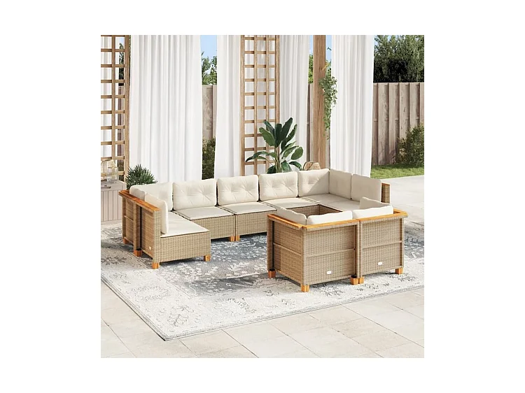 Salon de jardin avec coussins 9 pcs beige résine tressée