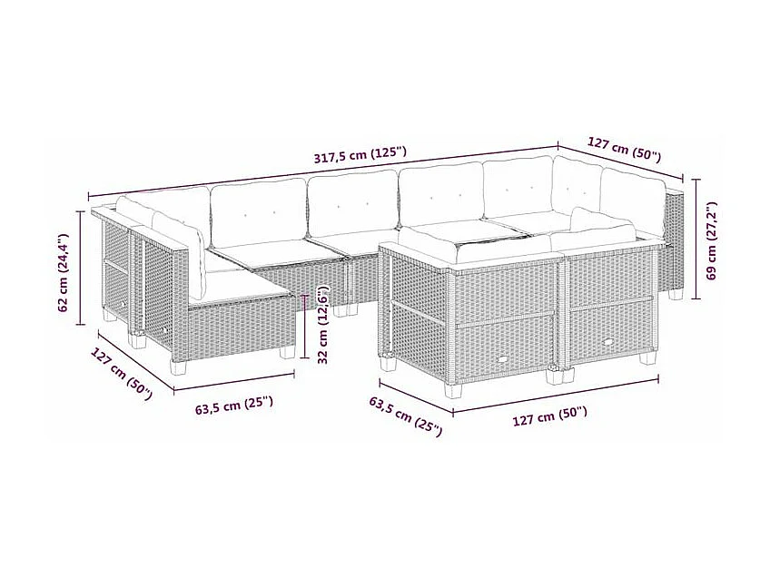Salon de jardin avec coussins 9 pcs beige résine tressée