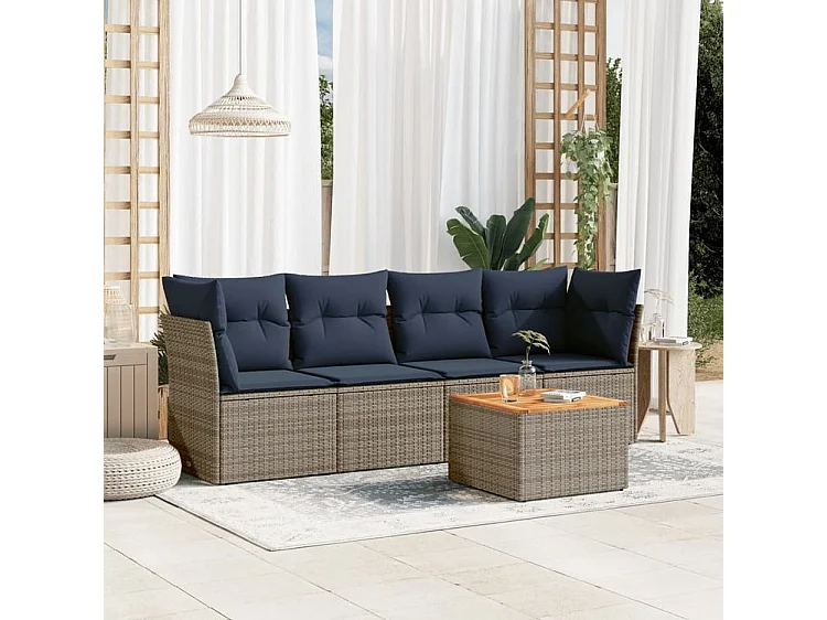 Salon de jardin 5 pcs avec coussins gris résine tressée