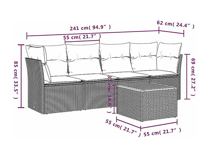 Salon de jardin 5 pcs avec coussins gris résine tressée