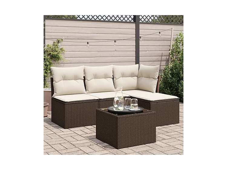 Salon de jardin avec coussins 5 pcs marron résine tressée