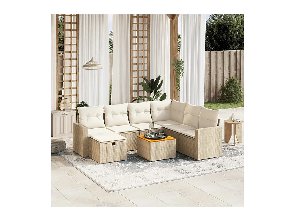 Salon de jardin avec coussins 8 pcs beige résine tressée