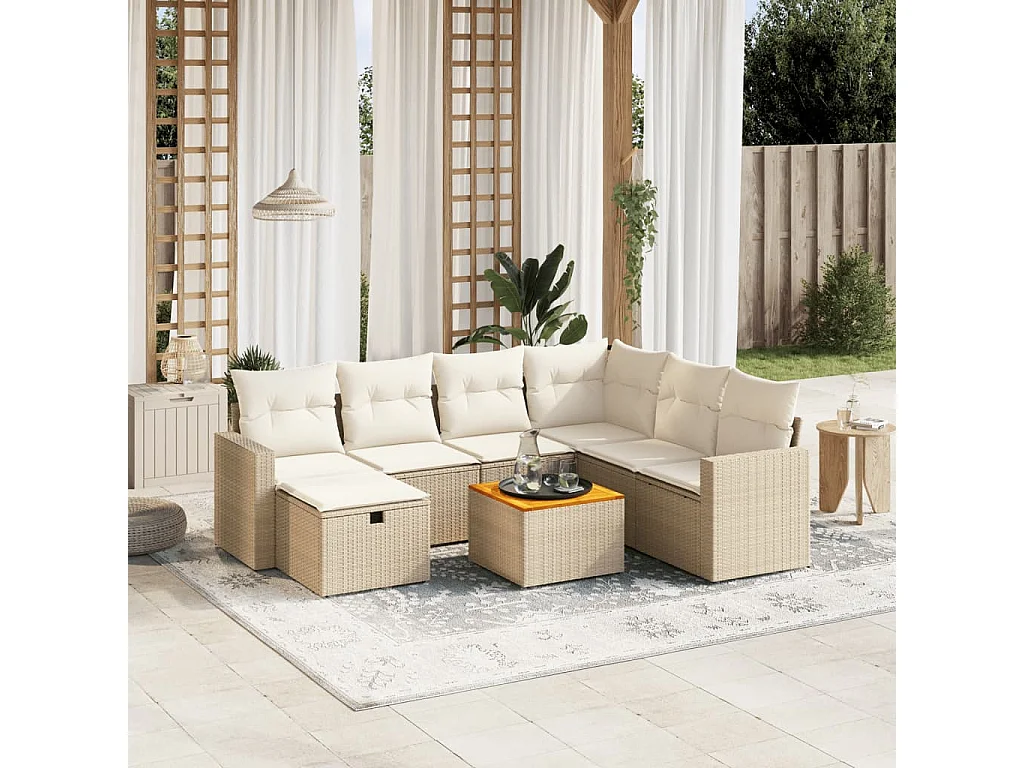 Salon de jardin avec coussins 8 pcs beige résine tressée