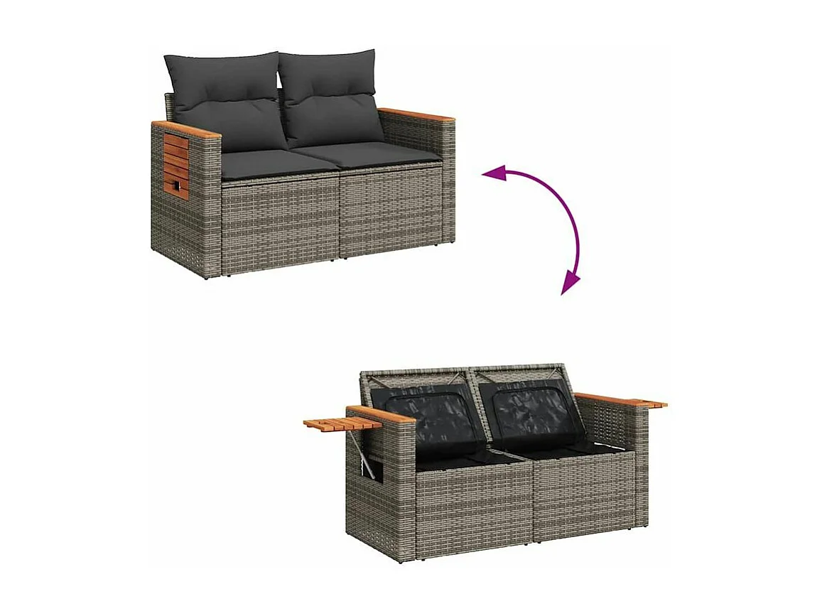 Salon de jardin avec coussins 6 pcs gris résine tressée acacia