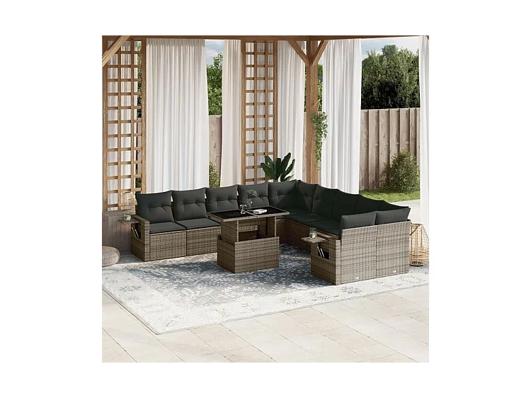 Salon de jardin 11 pcs avec coussins gris résine tressée