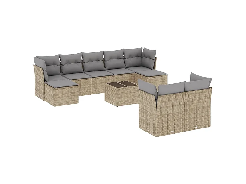 Salon de jardin avec coussins 10 pcs beige résine tressée
