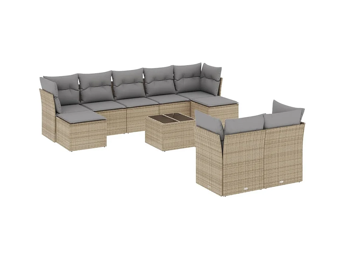 Salon de jardin avec coussins 10 pcs beige résine tressée