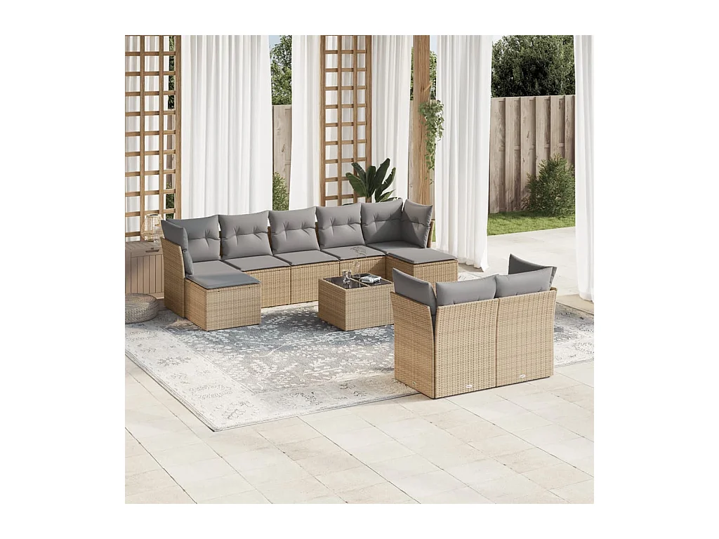 Salon de jardin avec coussins 10 pcs beige résine tressée