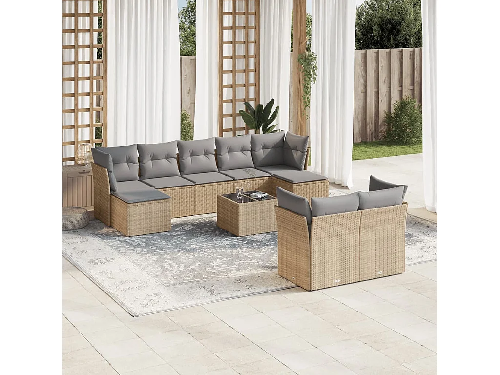 Salon de jardin avec coussins 10 pcs beige résine tressée