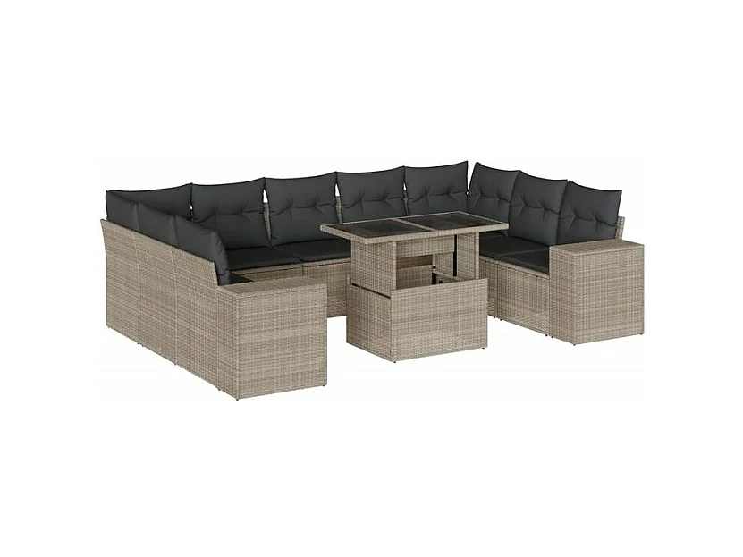 Salon de jardin avec coussins 10 pcs gris clair résine tressée