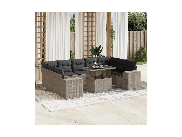 Salon de jardin avec coussins 10 pcs gris clair résine tressée