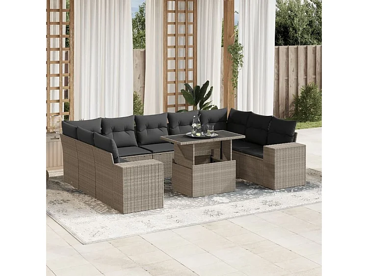 Salon de jardin avec coussins 10 pcs gris clair résine tressée