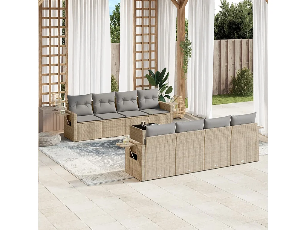 Salon de jardin avec coussins 9 pcs beige résine tressée