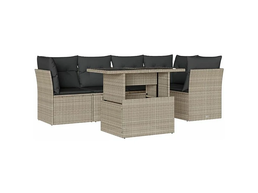 Salon de jardin 6 pcs avec coussins gris clair résine tressée