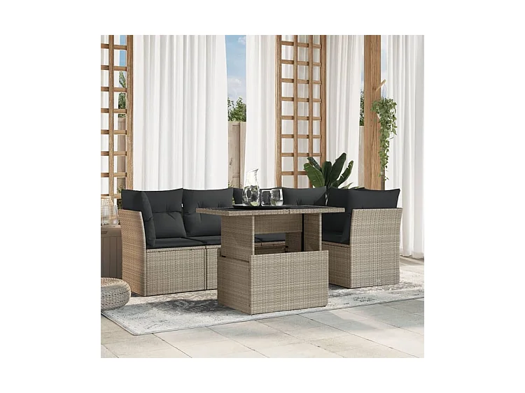 Salon de jardin 6 pcs avec coussins gris clair résine tressée