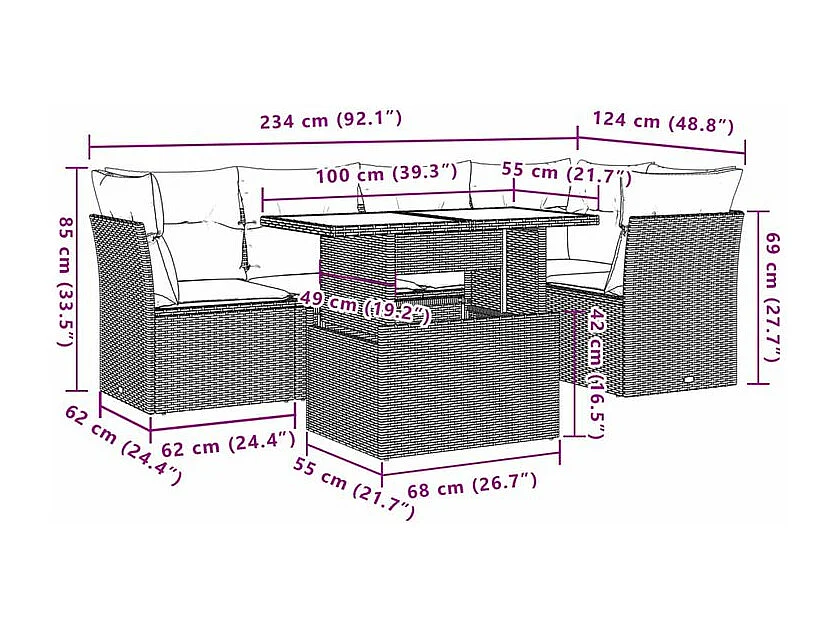 Salon de jardin 6 pcs avec coussins gris clair résine tressée