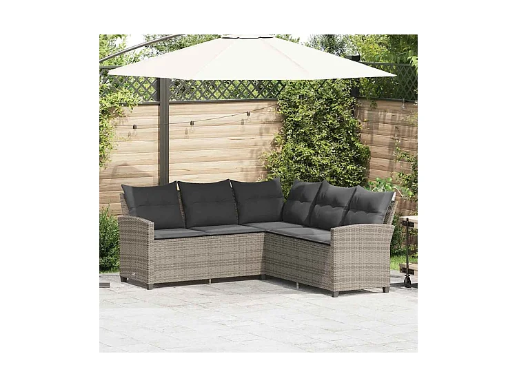 Canapés en forme de L avec coussins gris résine tressée