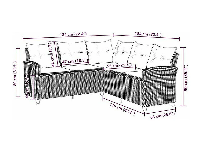 Canapés en forme de L avec coussins gris résine tressée