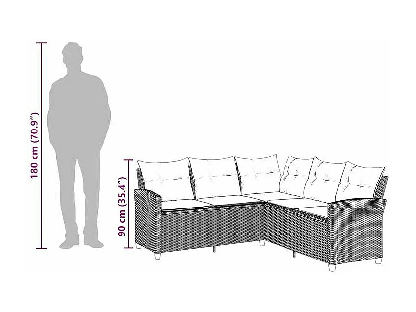 Canapés en forme de L avec coussins gris résine tressée