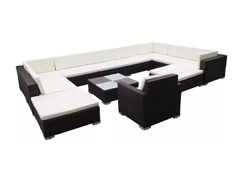 Salon de jardin 12 pièces résine tressée noir coussins blanc Kim