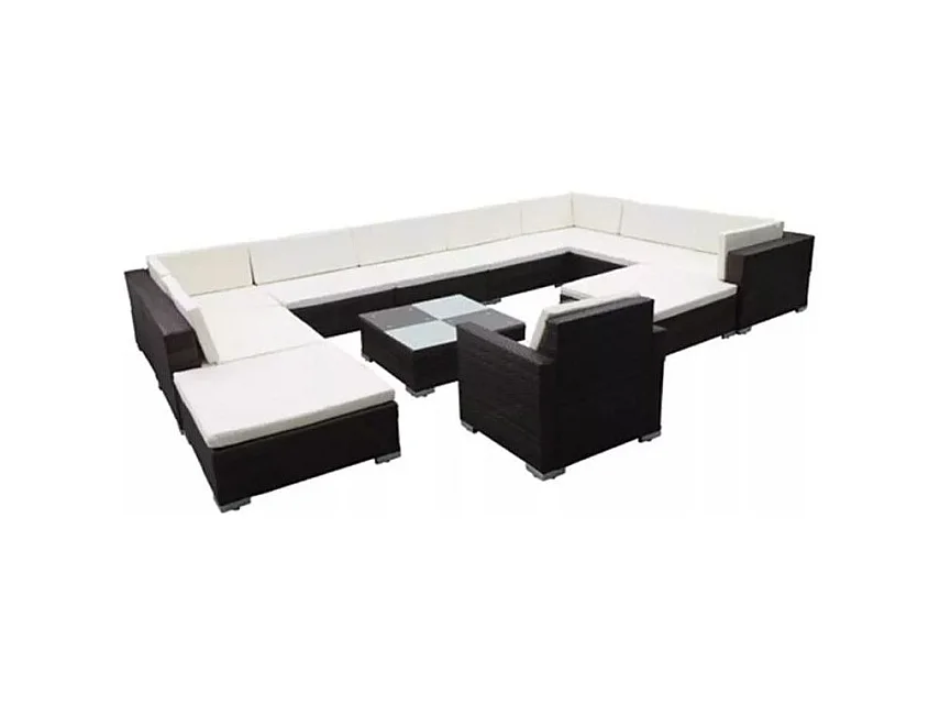 Salon de jardin 12 pièces résine tressée noir coussins blanc Kim