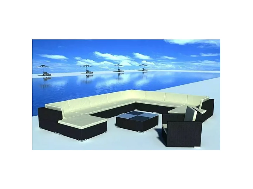 Salon de jardin 12 pièces résine tressée noir coussins blanc Kim