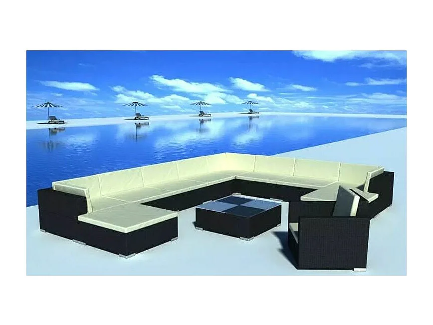 Salon de jardin 12 pièces résine tressée noir coussins blanc Kim