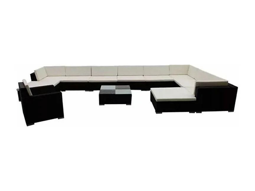 Salon de jardin 12 pièces résine tressée noir coussins blanc Kim