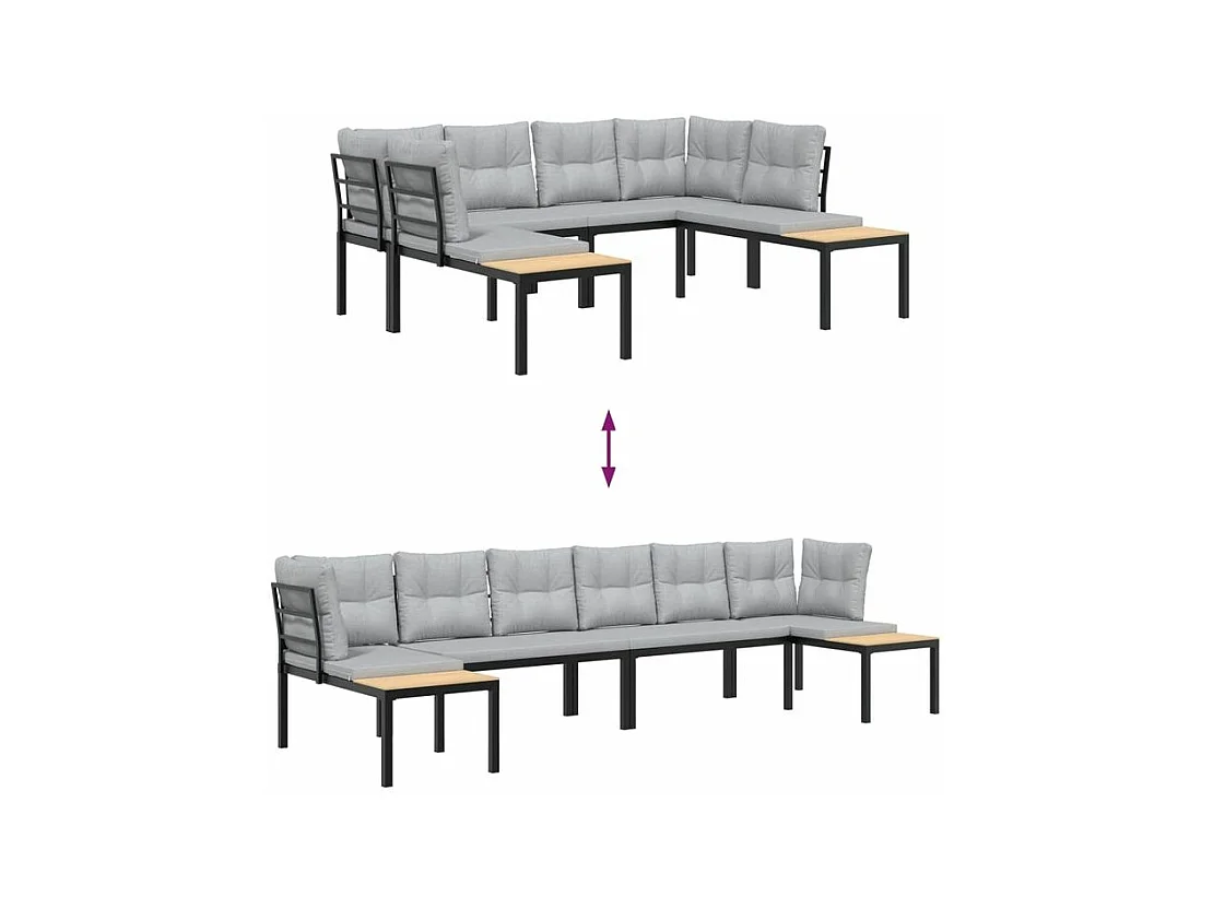 Salon de jardin avec coussins 4 pcs noir acier enduit de poudre