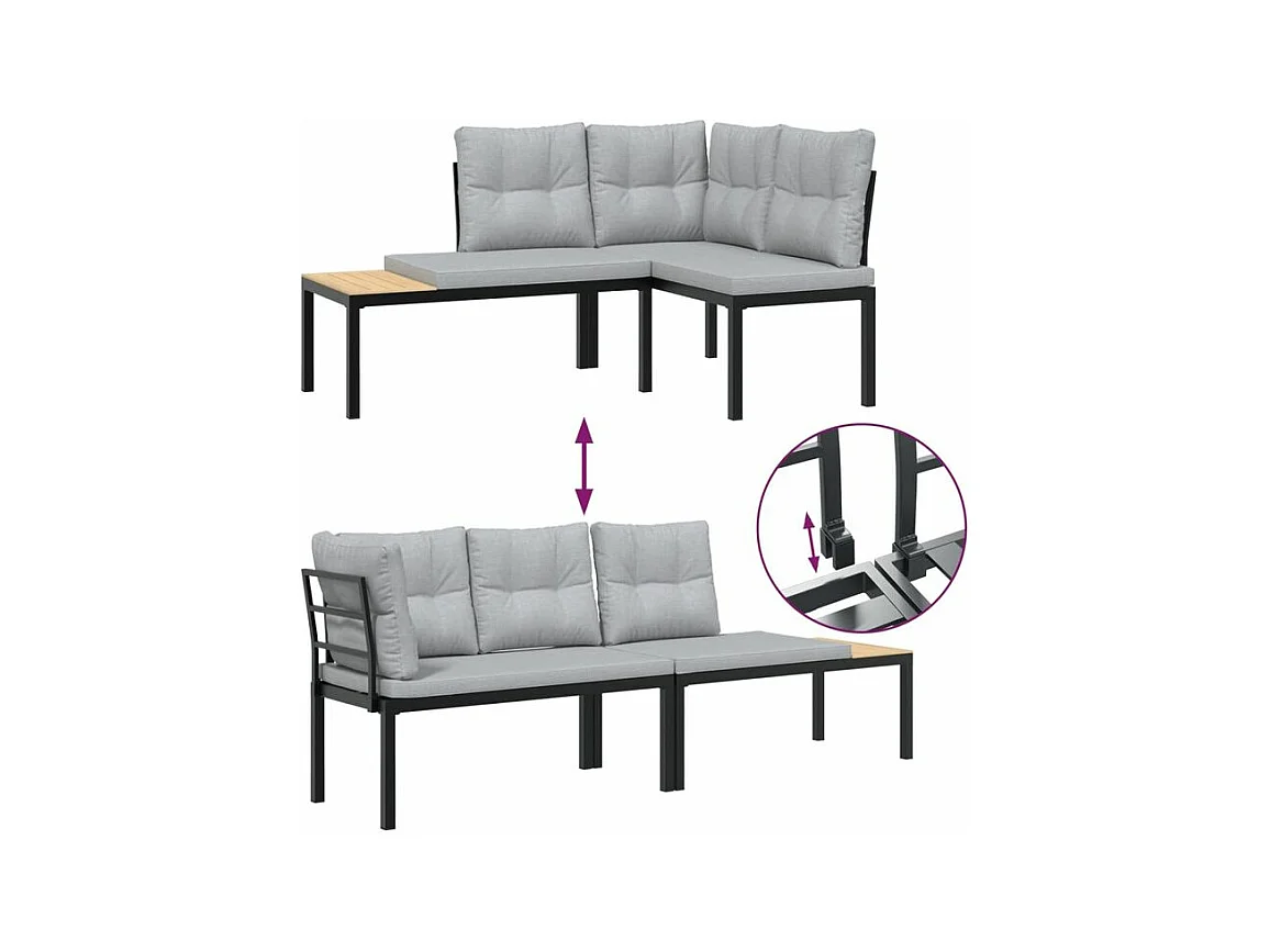 Salon de jardin avec coussins 4 pcs noir acier enduit de poudre