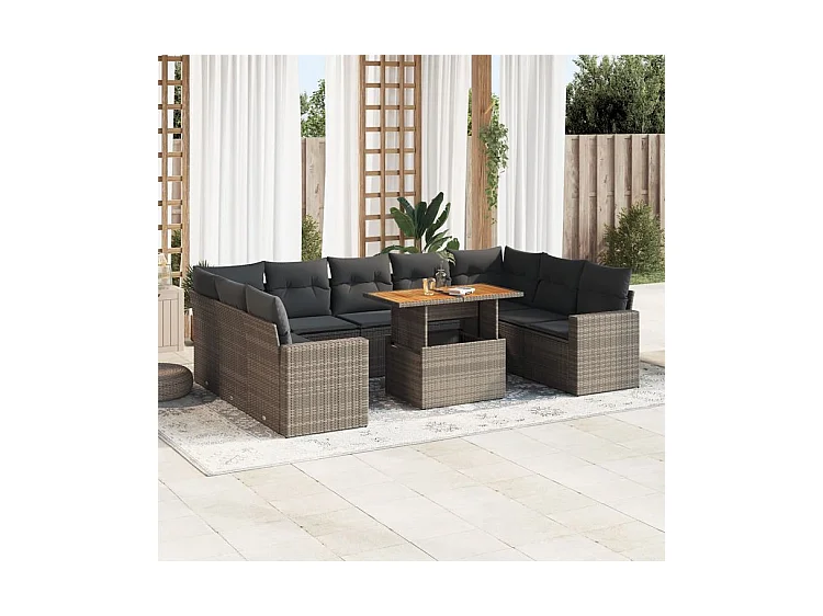 Salon de jardin avec coussins 10 pcs gris résine tressée