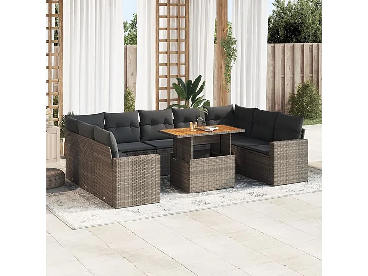 Salon de jardin avec coussins 10 pcs gris résine tressée