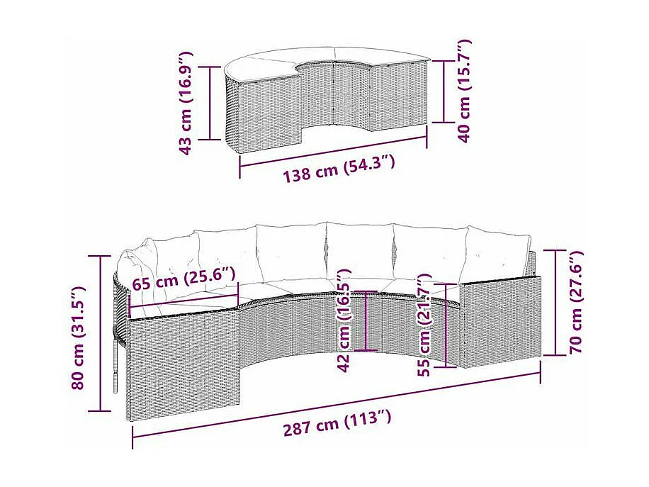 Salon de jardin 2 pcs demi-rond noir résine tressée