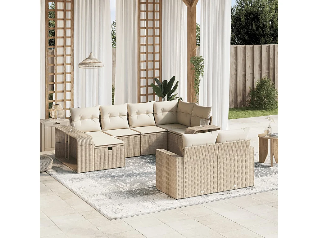 Salon de jardin avec coussins 10 pcs beige résine tressée