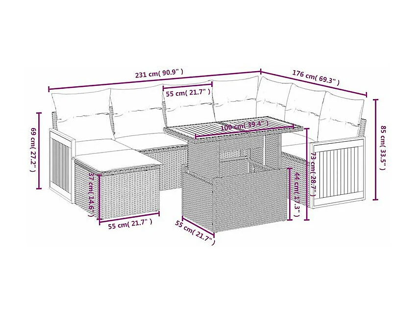 Salon de jardin avec coussins 8 pcs beige résine tressée
