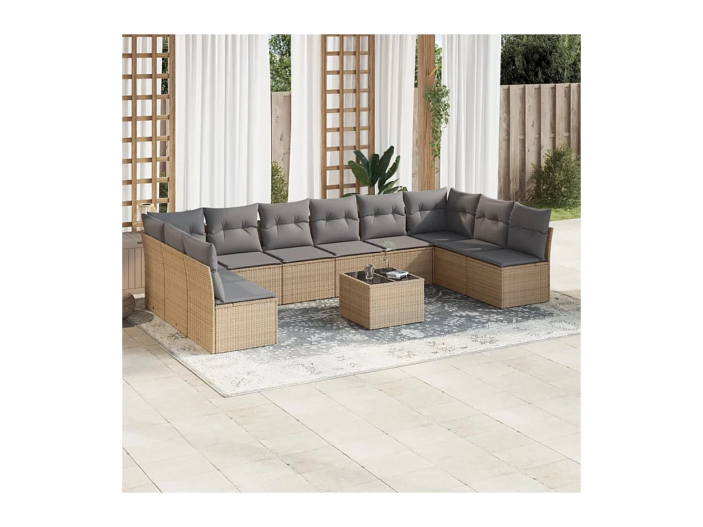 Salon de jardin 11 pcs avec coussins beige résine tressée