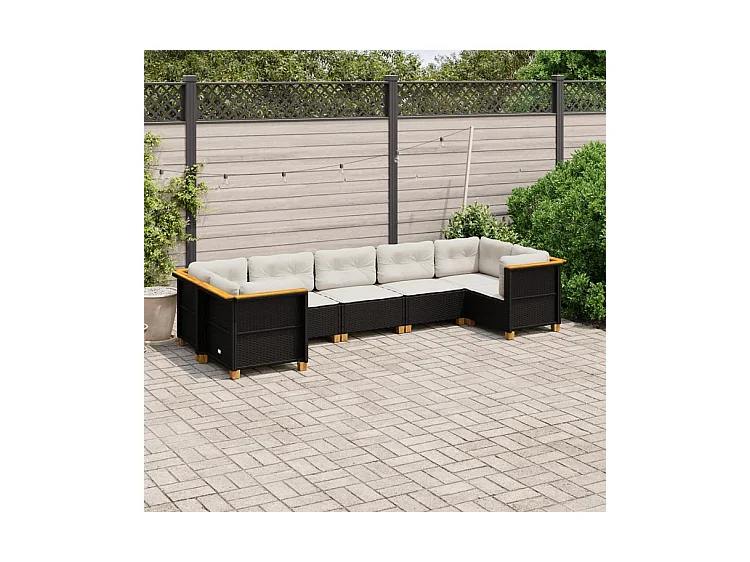 Salon de jardin 7 pcs avec coussins noir résine tressée