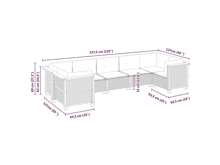 Salon de jardin 7 pcs avec coussins noir résine tressée